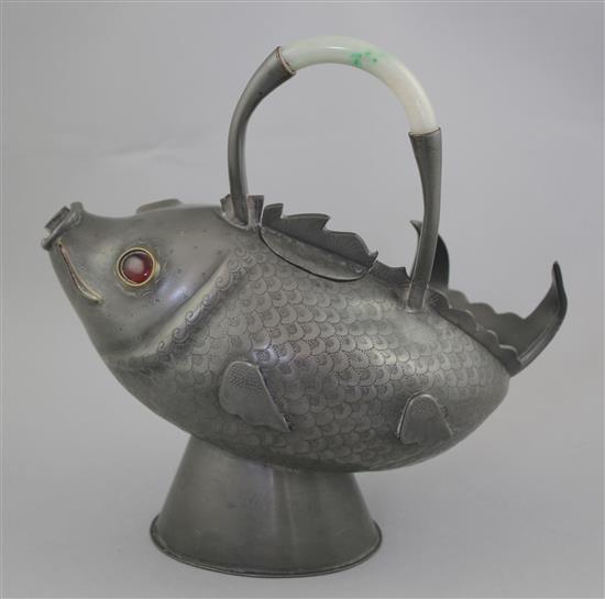 A Chinese pewter and hardstone mounted fish water pot, late 19th / early 20th century, height 22cm